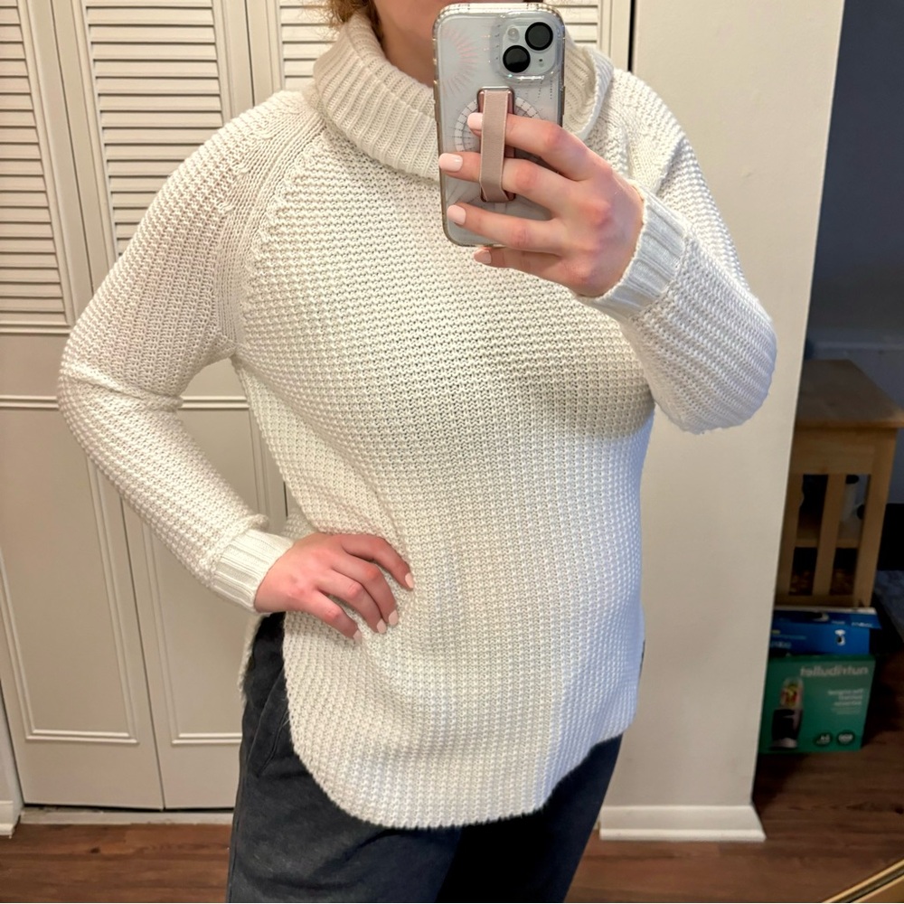White Knit Cowl Neck Sweater Thick Acrylic  XL Turtle Neck